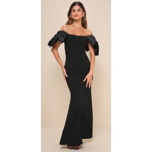 Lulus Pristine Sensation Black Bow Off-the-Shoulder Maxi Dress Size Medium